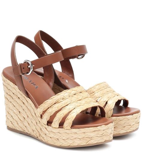 prada embroidered espadrilles|Prada leather espadrille wedge sandals.